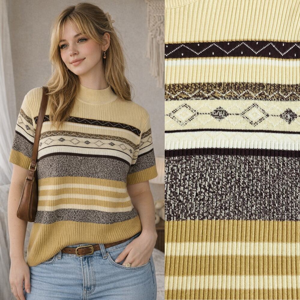 VNT Studio Works Y2K Sweater Large Tan Brown Striped Mock Neck Short Sleeve